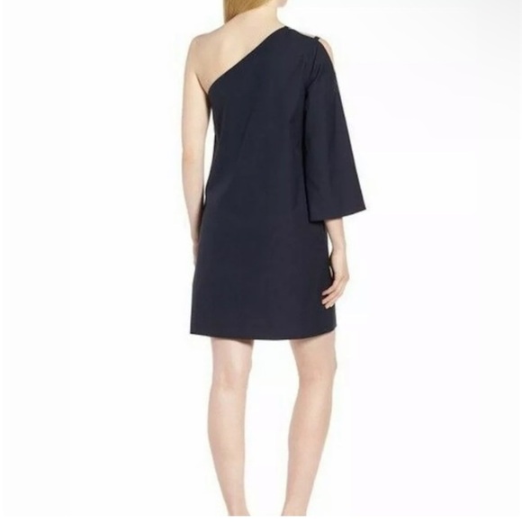 LEWIT Sz 10 Navy 100% Cotton One Shoulder Tunic Mini Dress Evening Cocktail - Picture 3 of 12